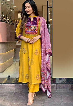 Digital Printed Rayon Pakistani Suit in Mustard