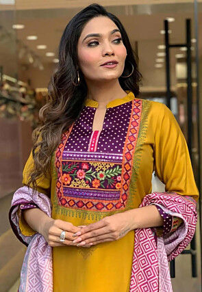 Digital Printed Rayon Pakistani Suit in Mustard