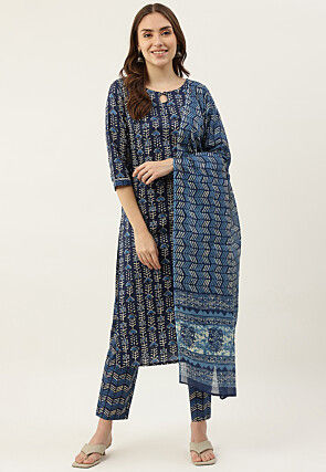 Digital Printed Cotton Pakistani Suit in Navy Blue