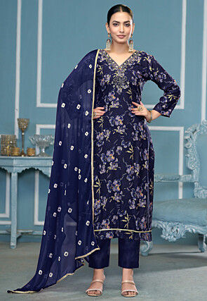 Digital Printed Cotton Pakistani Suit in Navy Blue