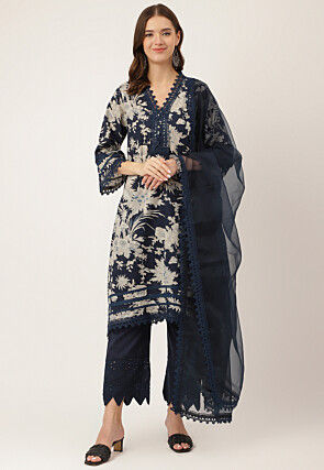 Digital Printed Cotton Pakistani Suit in Navy Blue