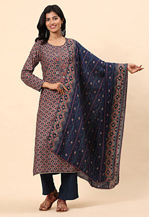 Digital Printed Cotton Pakistani Suit in Navy Blue