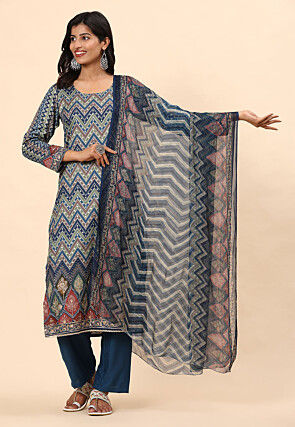 Digital Printed Cotton Pakistani Suit in Navy Blue