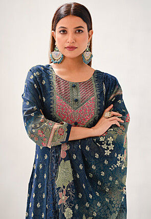 Digital Printed Cotton Pakistani Suit in Navy Blue