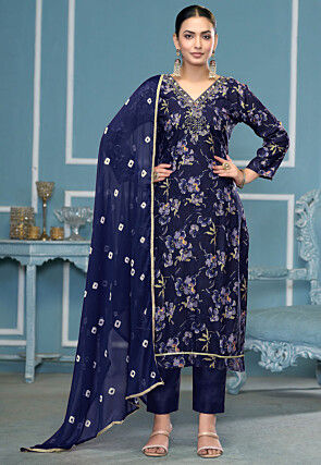 Digital Printed Cotton Pakistani Suit in Navy Blue