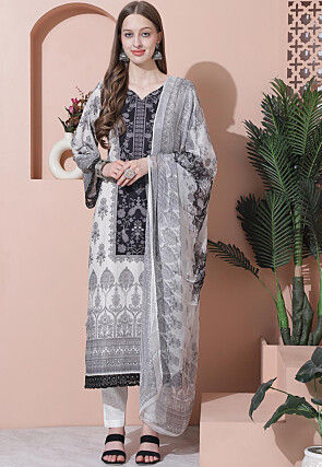 Digital Printed Cotton Pakistani Suit in Off White and Black