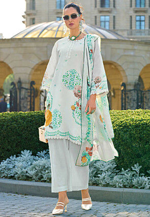 Digital Printed Cotton Pakistani Suit in Off White