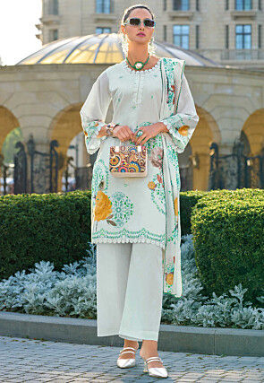 Digital Printed Cotton Pakistani Suit in Off White