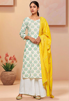 Digital Printed Cotton Pakistani Suit in Off White
