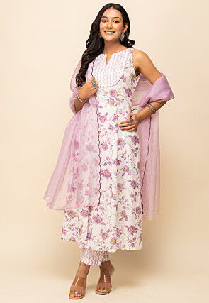 Digital Printed Cotton Pakistani Suit in Off White