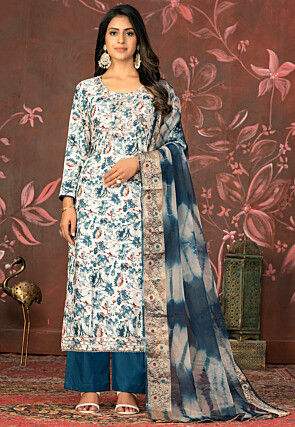 Digital Printed Cotton Pakistani Suit in Off White