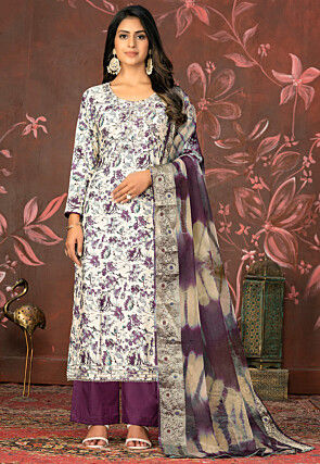 Digital Printed Cotton Pakistani Suit in Off White