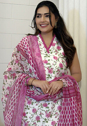 Digital Printed Cotton Pakistani Suit in Off White