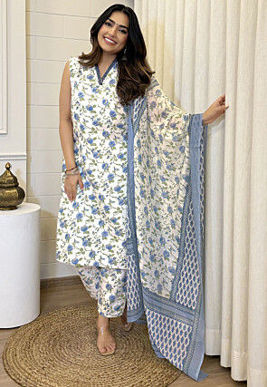 Digital Printed Cotton Pakistani Suit in Off White