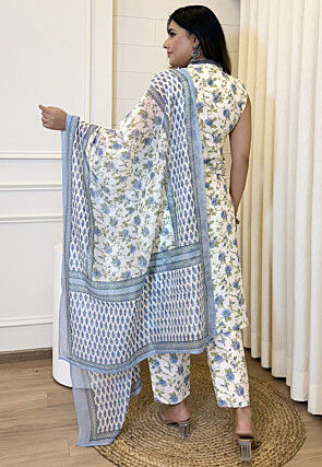 Digital Printed Cotton Pakistani Suit in Off White