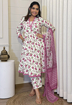 Digital Printed Cotton A Line Suit in Off White