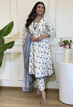 Digital Printed Cotton Pakistani Suit in Off White