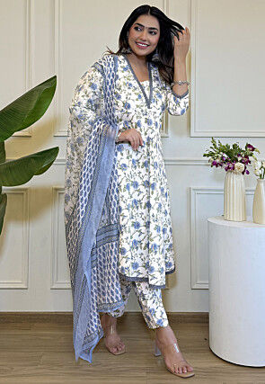 Digital Printed Cotton Pakistani Suit in Off White
