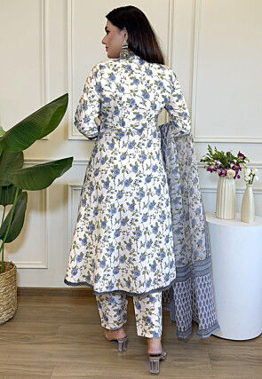 Digital Printed Cotton Pakistani Suit in Off White