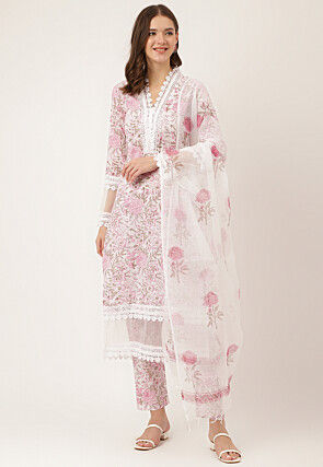 Digital Printed Cotton Pakistani Suit in Off White