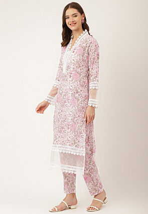 Digital Printed Cotton Pakistani Suit in Off White