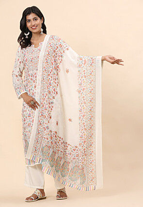 Digital Printed Cotton Pakistani Suit in Off White