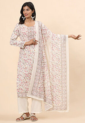 Digital Printed Cotton Pakistani Suit in Off White