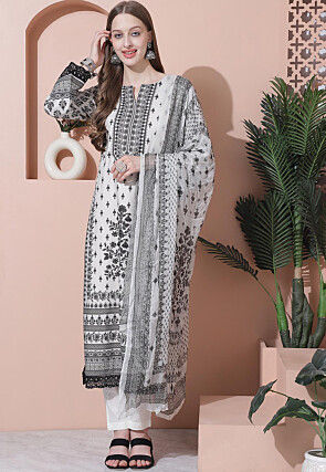 Digital Printed Cotton Pakistani Suit in Off White