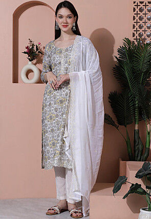 Digital Printed Cotton Pakistani Suit in Off White