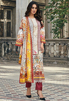 Digital Printed Cotton Pakistani Suit in Off White