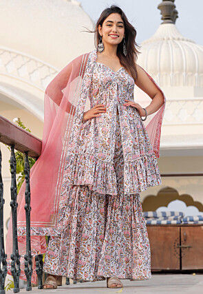 Digital Printed Cotton Pakistani Suit in Off White