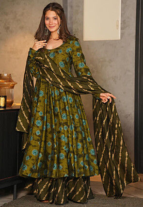 Digital Printed Cotton Pakistani Suit in Olive Green