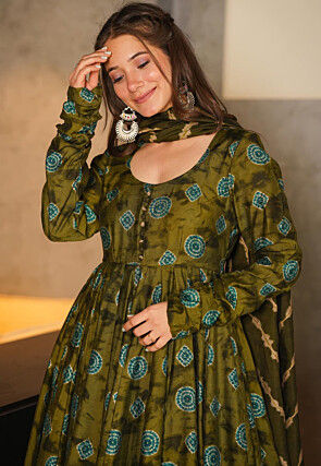 Digital Printed Cotton Pakistani Suit in Olive Green