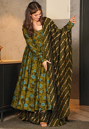 Digital Printed Cotton Pakistani Suit in Olive Green