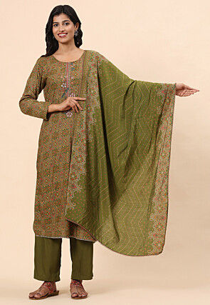 Digital Printed Cotton Pakistani Suit in Olive Green