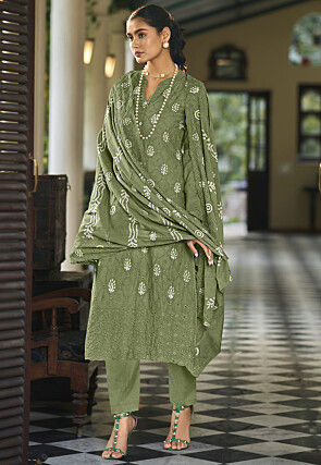 Digital Printed Cotton Pakistani Suit in Olive Green