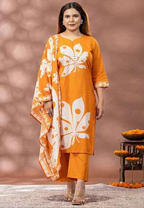 Digital Printed Cotton Pakistani Suit in Orange