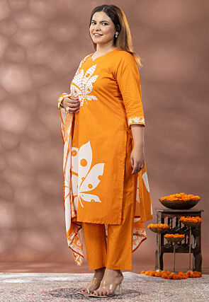 Digital Printed Cotton Pakistani Suit in Orange