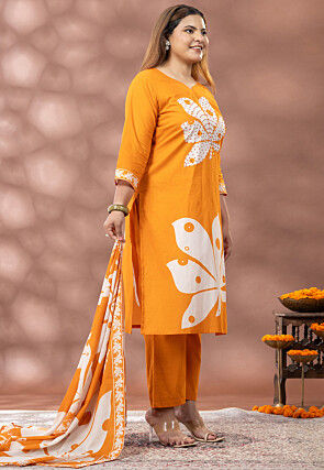 Digital Printed Cotton Pakistani Suit in Orange