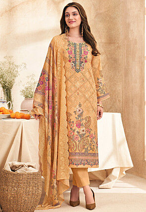 Digital Printed Cotton Pakistani Suit in Orange