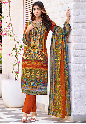 Digital Printed Cotton Pakistani Suit in Orange