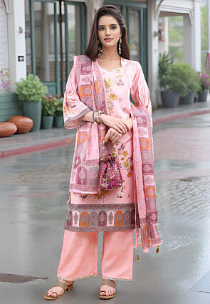 Digital Printed Cotton Pakistani Suit in Peach