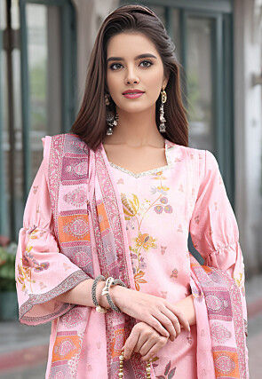 Digital Printed Cotton Pakistani Suit in Peach