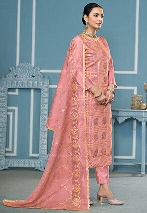 Digital Printed Cotton Pakistani Suit in Peach
