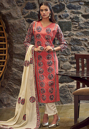 Digital Printed Cotton Pakistani Suit in Peach