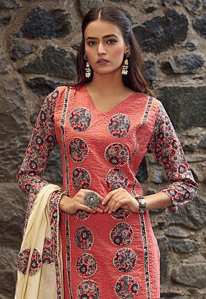 Digital Printed Cotton Pakistani Suit in Peach