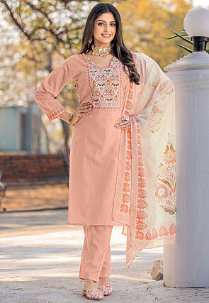 Digital Printed Cotton Pakistani Suit in Peach