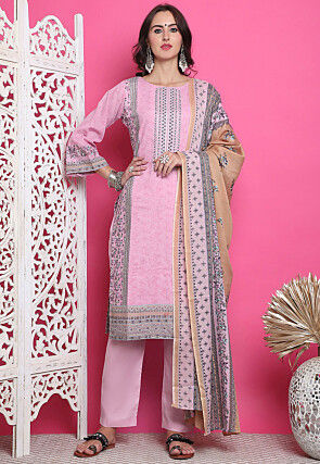 Digital Printed Cotton Pakistani Suit in Pink