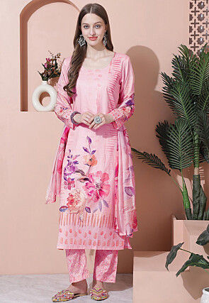 Digital Printed Cotton Pakistani Suit in Pink