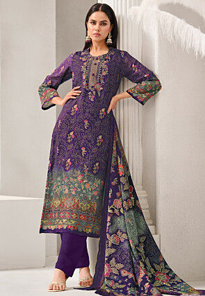Digital Printed Cotton Pakistani Suit in Purple